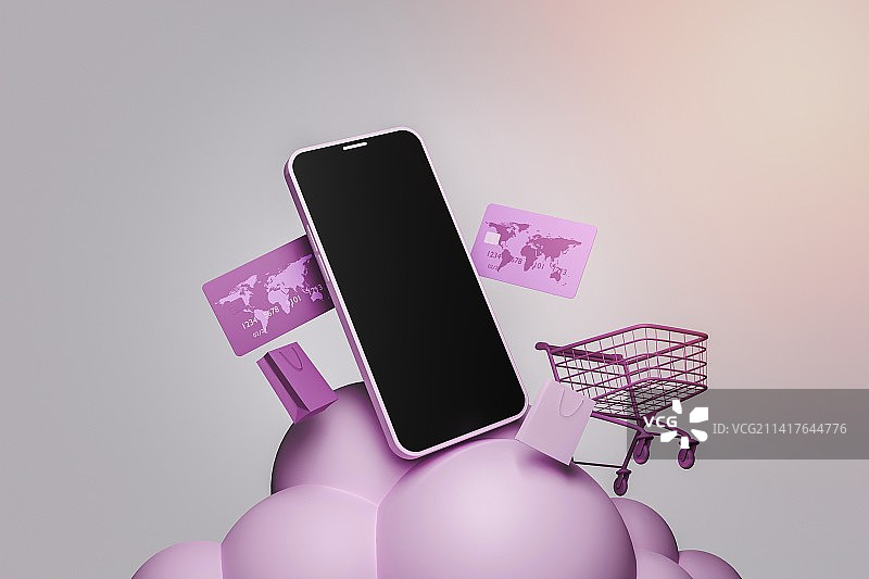 购物车、信用卡和云朵上的手机，罗马尼亚图片素材