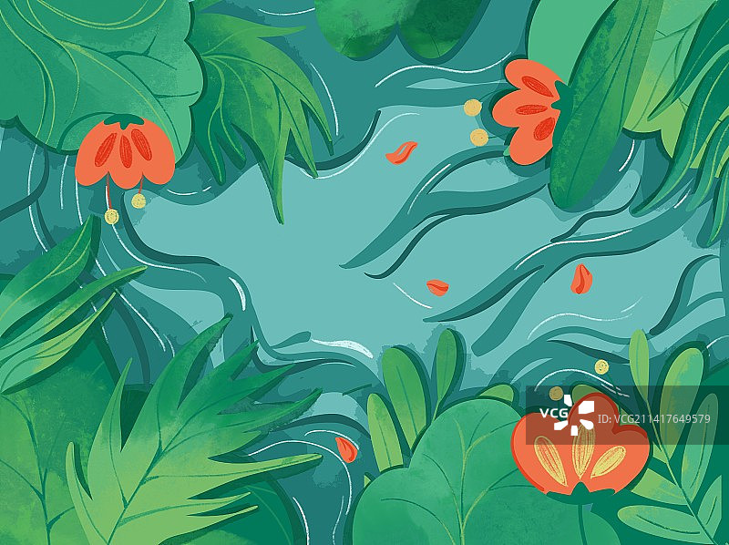 森林水面树叶俯视背景插画图片素材