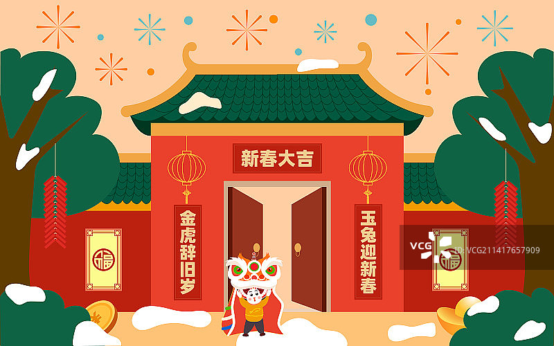 兔年舞狮福到烟花贺新春图片素材