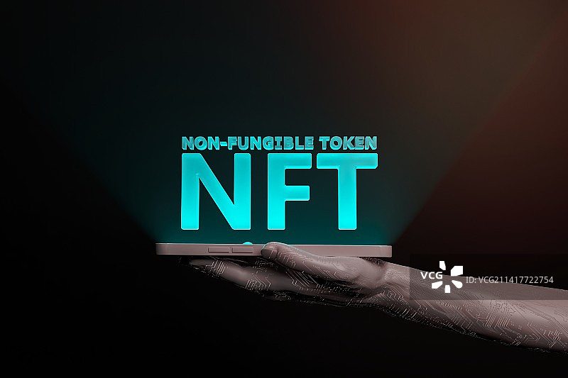 电子手持手机上的NFT文字（罗马尼亚）图片素材