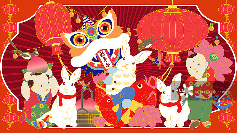 国潮兔子灯笼新年春节兔年插画图片素材