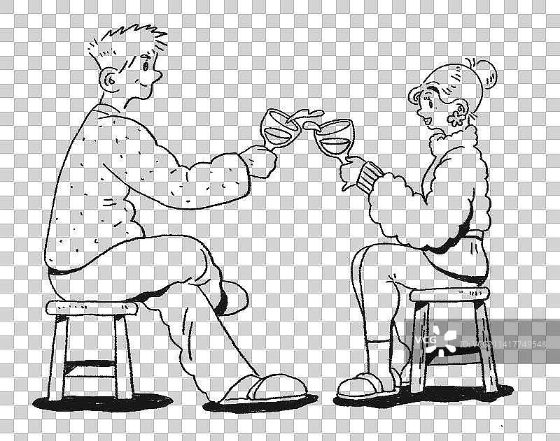 黑白线条男女干杯插画元素图片素材
