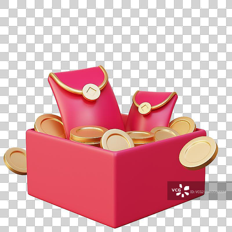 3D Box Full of Gold Coins and Red Envelope图片素材