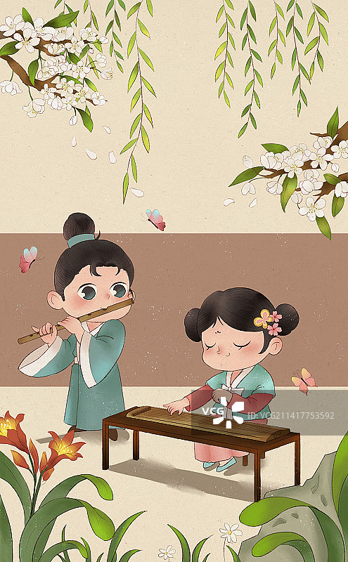 春分时节男孩吹笛子女孩弹古琴图片素材