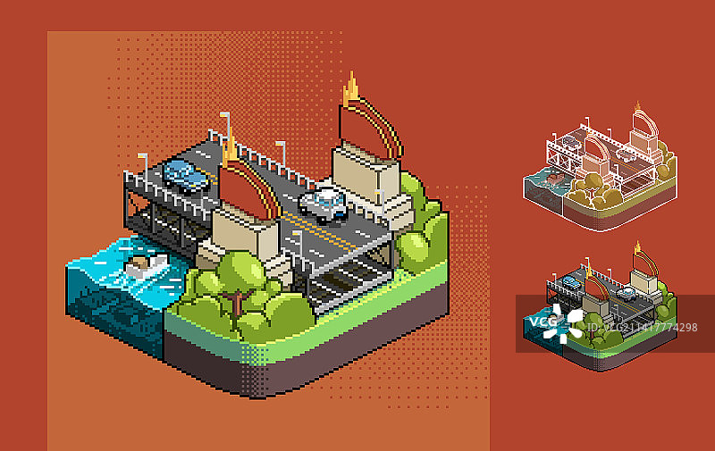 中国江苏省南京市南京长江大桥桥头堡像素画图片素材