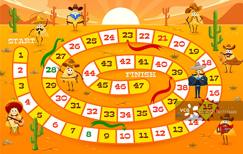儿童棋盘游戏卡通：墨西哥玉米片与牛仔图片素材