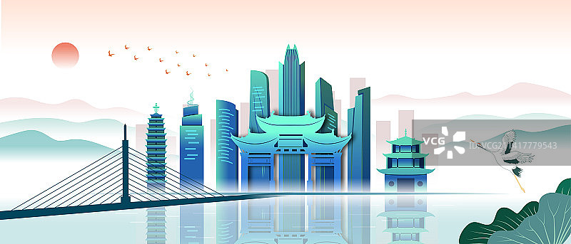 中国云南省昆明市天际线新国潮清新插画图片素材