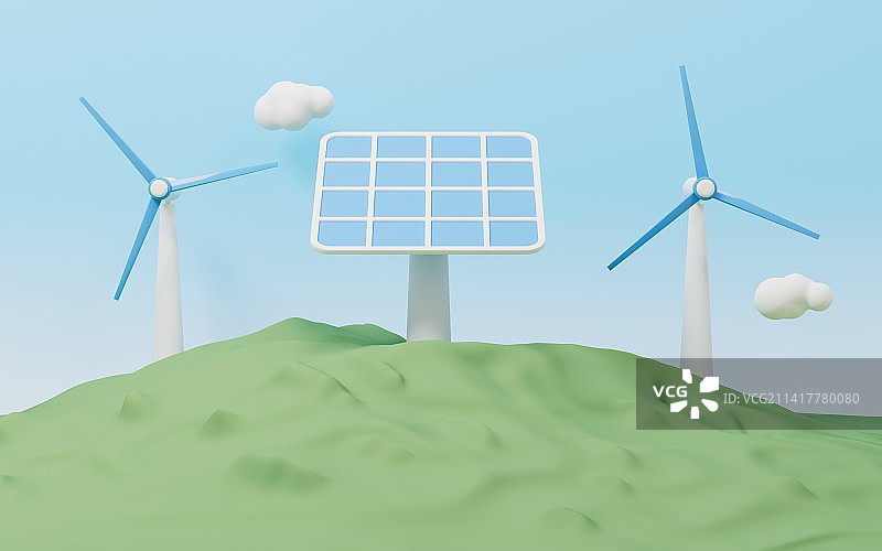 风力发电与太阳能新能源概念3D渲染图片素材