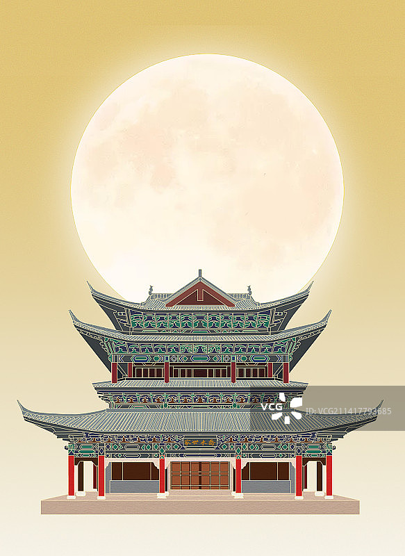 中国风新中式古风古典传统古代古建筑云南丽江木府旅游宣传插画图片素材