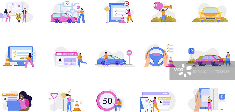 驾驶学校扁平重新着色图标集图片素材