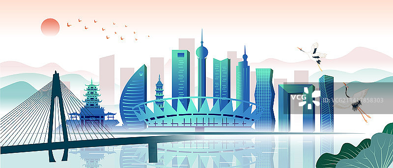 中国广东省佛山市城市天际线国潮清新插画图片素材