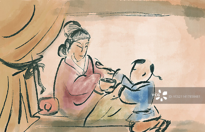 小孩跪着喂生病母亲喝汤喂药插画图片素材