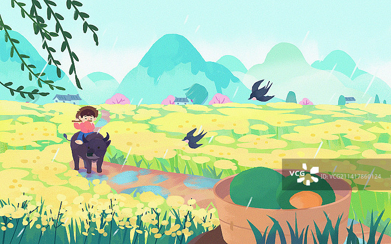 手绘卡通春季清明节油菜花牧童插画图片素材