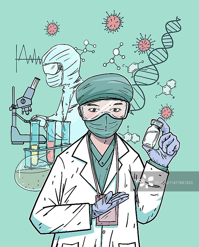 实验室里拿着一剂药品的医生介绍药物的场景插画图片素材