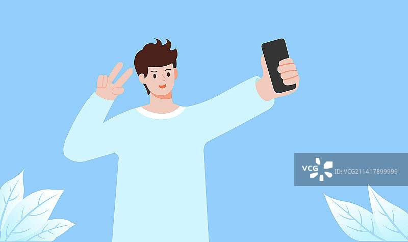 男生对着手机比耶自拍矢量插画，旅游旅行春天夏天冬天节气直播拍照图片素材
