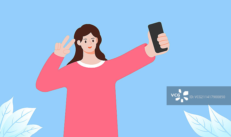 女生对着手机比耶自拍矢量插画，旅游旅行春天夏天冬天节气直播拍照图片素材