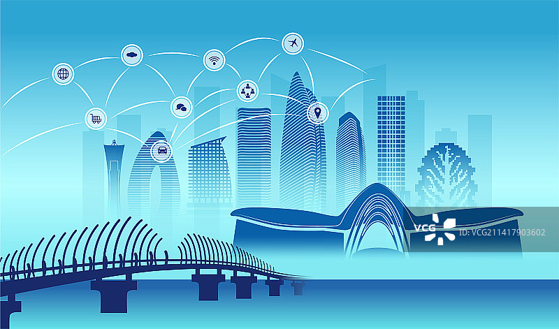 中国海南省三亚市城市数据5G网络插画蓝色图片素材