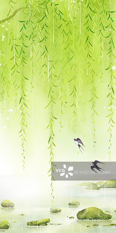 新中式国风春雨绵绵柳树下春燕插画图片素材