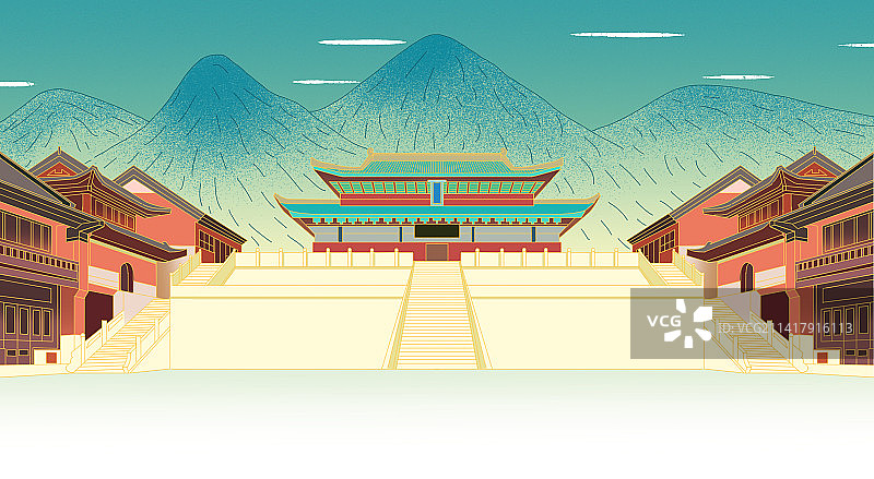 中国风新中式古风古典古代古建筑湖北武当山风景景色景区景点插画图片素材