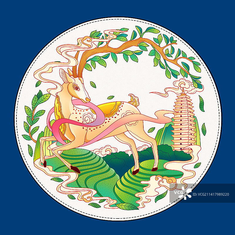 国潮风云南普洱茶鹿包装插画图片素材