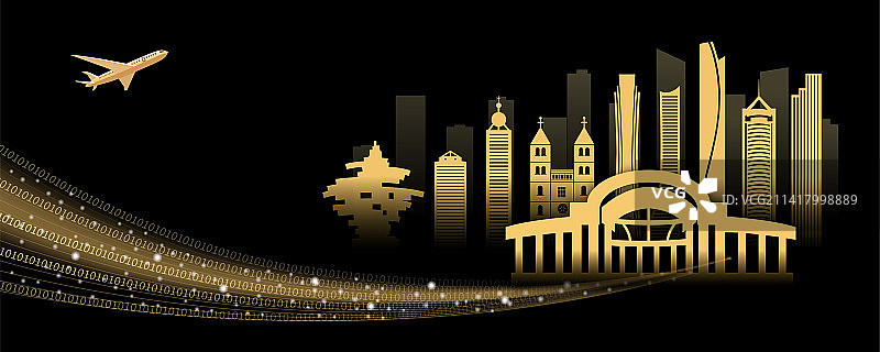 中国山东青岛市城市天际线金色夜景插画图片素材