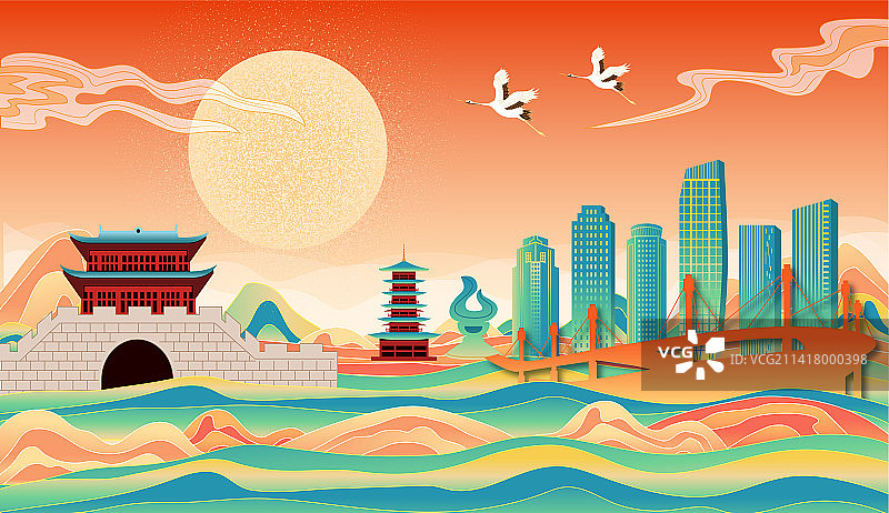 中国浙江省台州市城市节日国风海报插画图片素材