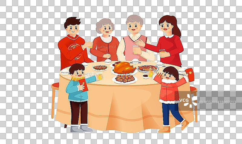新年春节除夕夜一家人团圆年夜饭插画图片素材