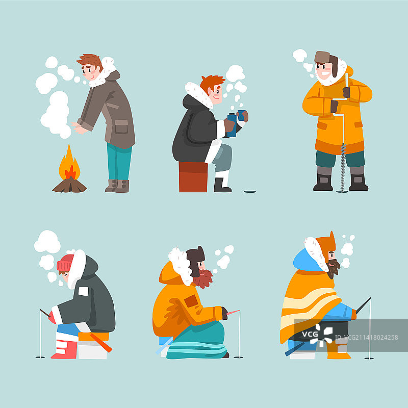 穿着冬季保暖服装的男人在冰面上钓鱼图片素材