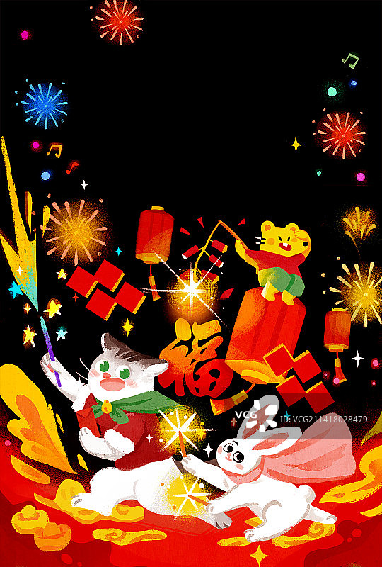 兔年春节放鞭炮卡通插画图片素材