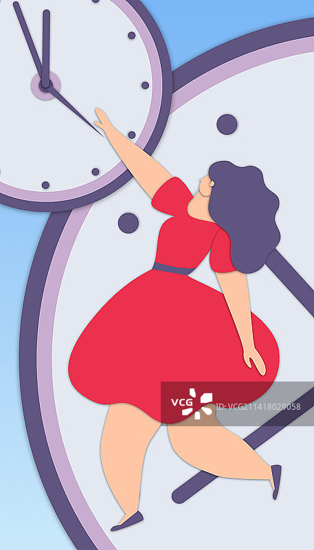 女人拨动钟表指针时间管理扁平剪纸风运营插画图片素材