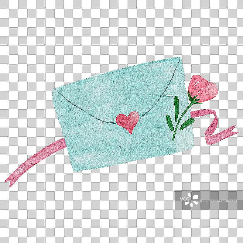 水彩手绘情人节信封和红色花朵图片素材