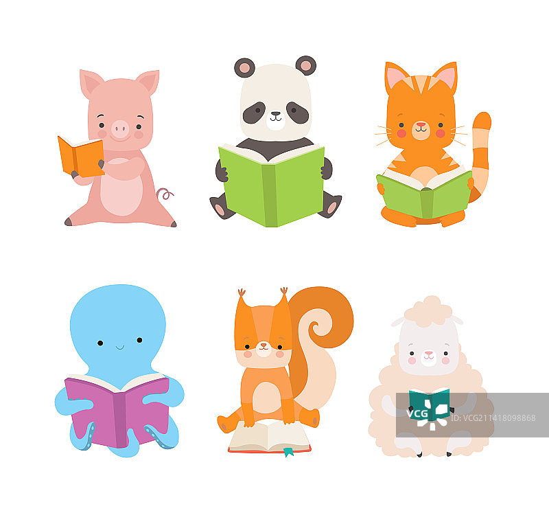 坐着读书的可爱动物图片素材