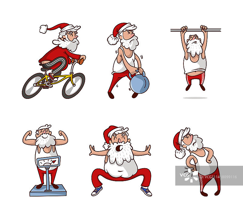 穿着红色裤子和背心的圣诞老人做运动图片素材