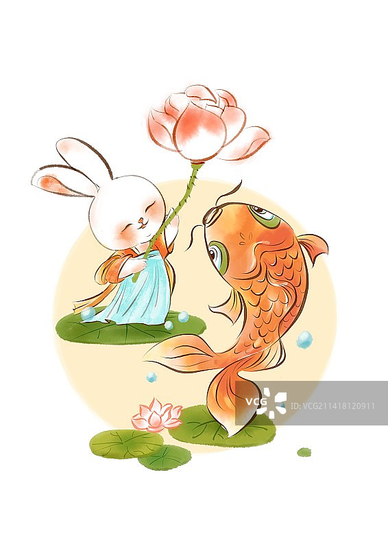 古风兔子鲤鱼荷花插画兔年传统中国风水墨画图片素材