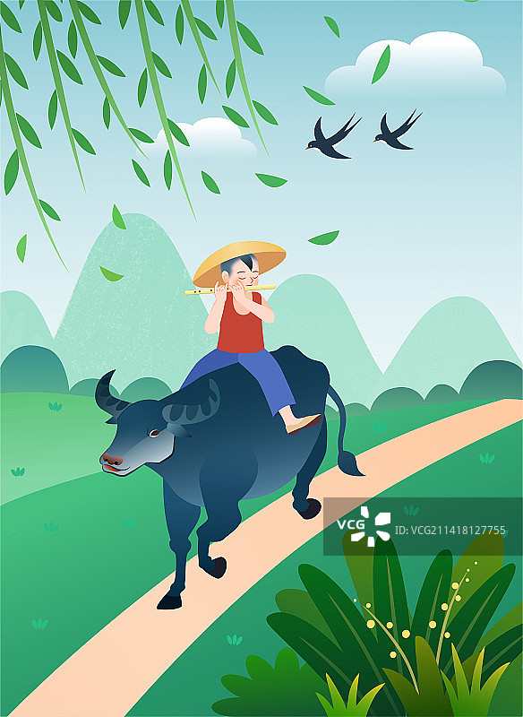 草地上有个牧童坐在牛背上吹笛子户外风景插画图片素材