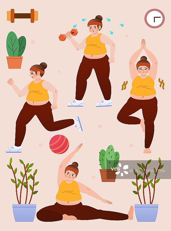 胖女孩健身减肥贴纸插画图片素材