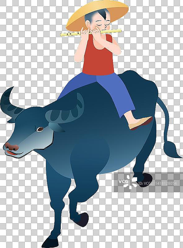 坐在牛背上的牧童插画元素图片素材