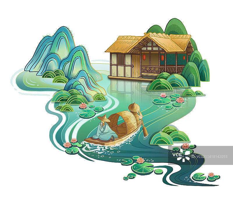 草堂水景国风插画图片素材