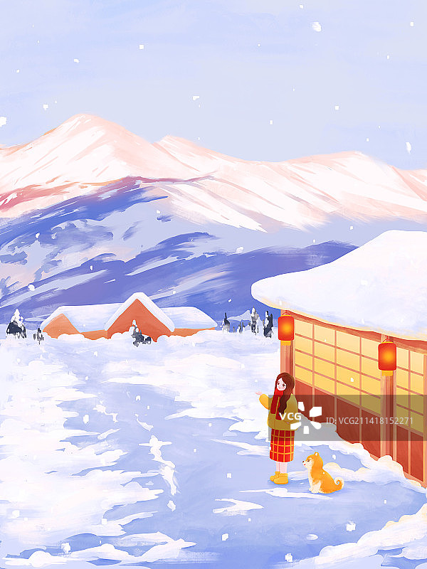 冬天大寒大雪节气女孩在室外看雪风景插画图片素材