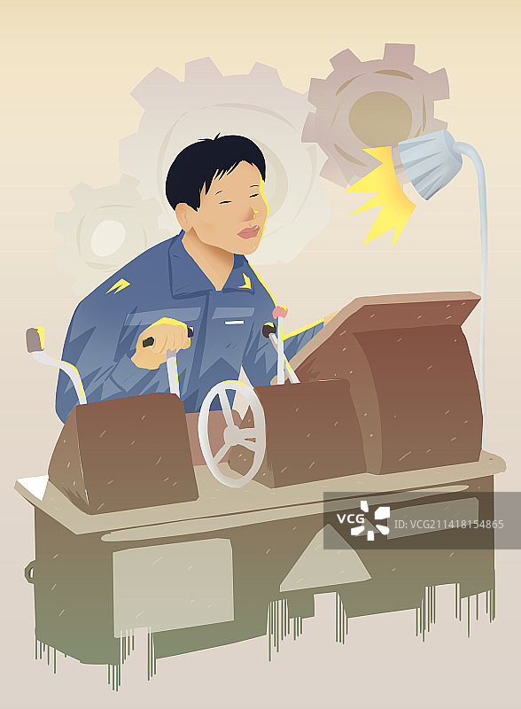在车床上制作模具的职业技术学院学生人物插画图片素材