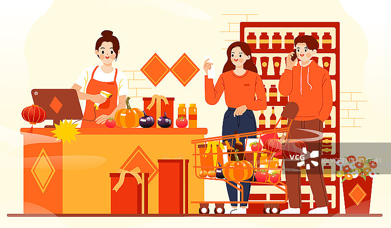 在超市买年货的人新年插画图片素材