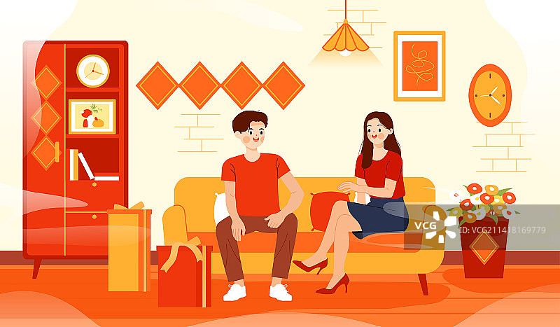 一对夫妇坐在沙发上新年插画图片素材