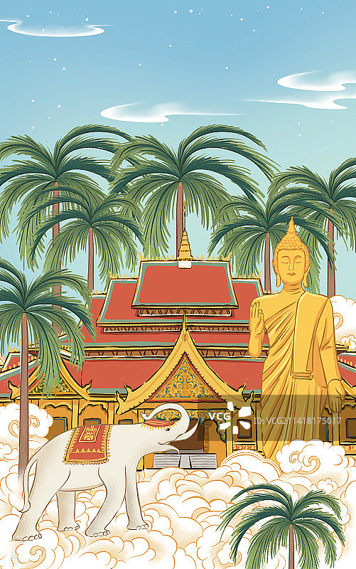 国风云南西双版纳城市地标大佛寺插画图片素材