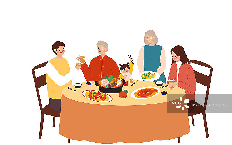 吃饭的一家人 除夕年夜饭合家团圆饭空白背景插画图片素材