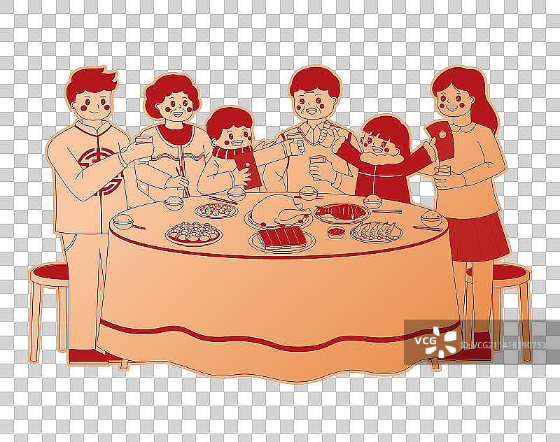 剪纸风格除夕年夜饭一家人人物图片素材