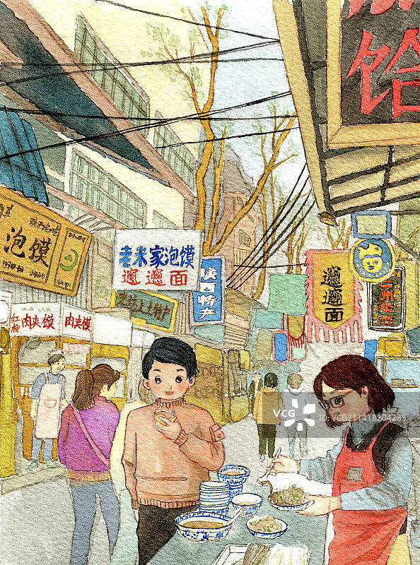 旅游小吃美食街人物手绘水彩插画图片素材