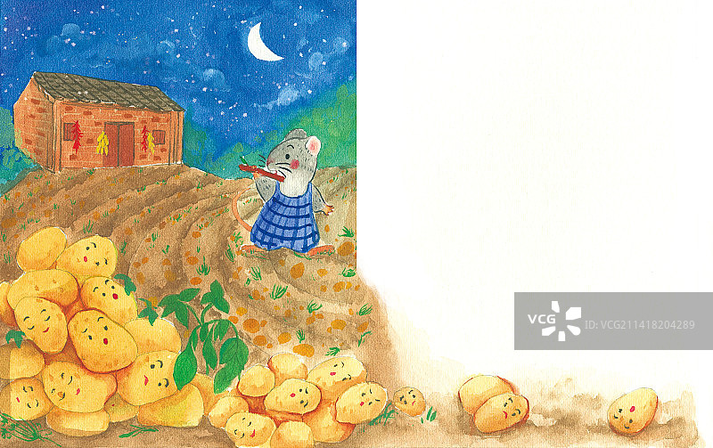 夜晚老鼠堆土豆水彩温馨插画图片素材