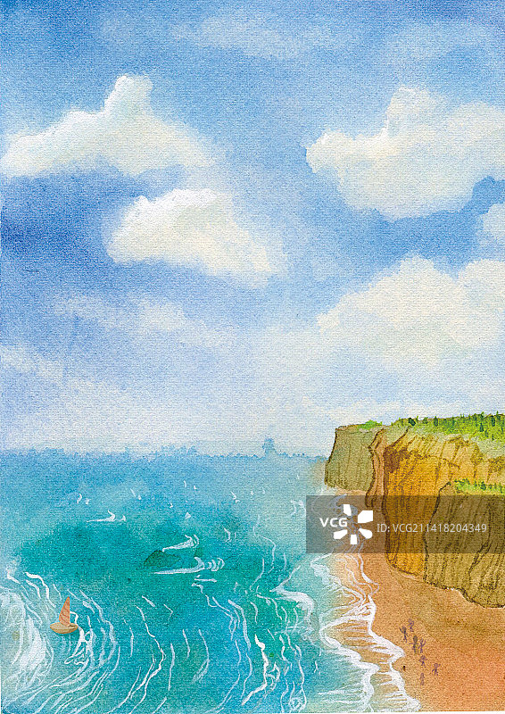背景海浪断崖水彩插画图片素材