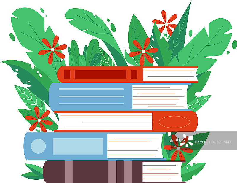 卡通书堆在绿叶中图片素材