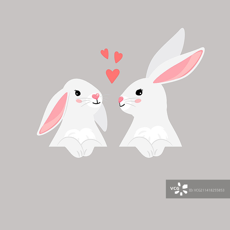 一对有趣的兔子宠物与卡通爱心图片素材